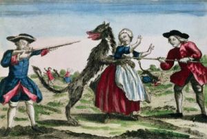 The Beast of Gevaudan, published by Basset, 1764 (color engraving). Musee Nat. des Arts et Traditions Populaires, Paris, France­