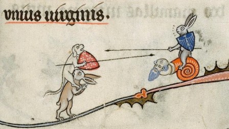 A dog and a rabbit joust. Source unknown.