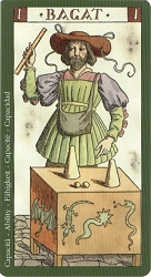 Here the "Magician" is shown with his most famous trick: the cups and ball.