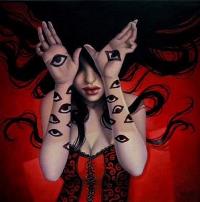 This painting, called "All Seeing" reminds me of Guiermo Del Toro's work. Although the painting is by Sarah Jones.